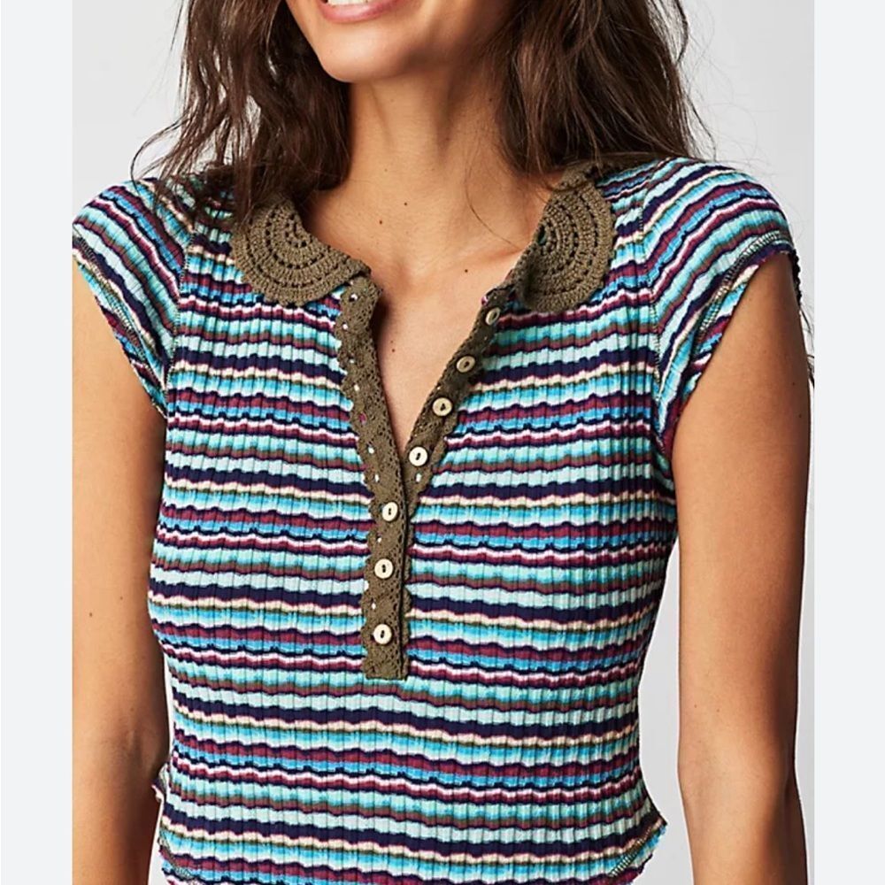 Free People One Way Baby Polo Tee cool combo blue motif NWT S